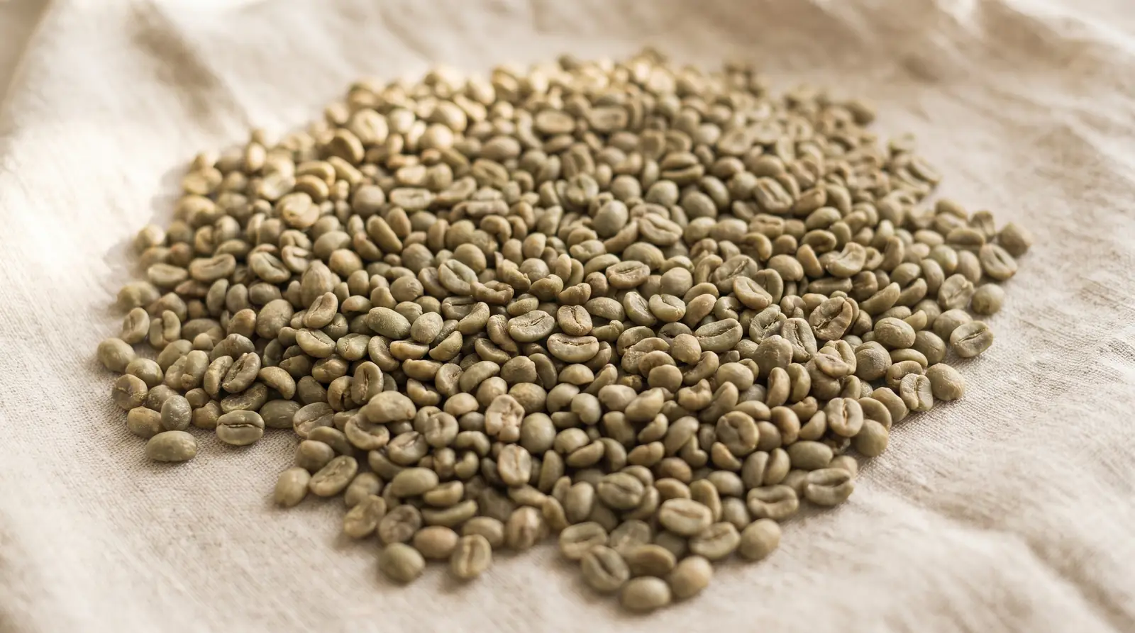 Grãos de café verde crus sobre linho