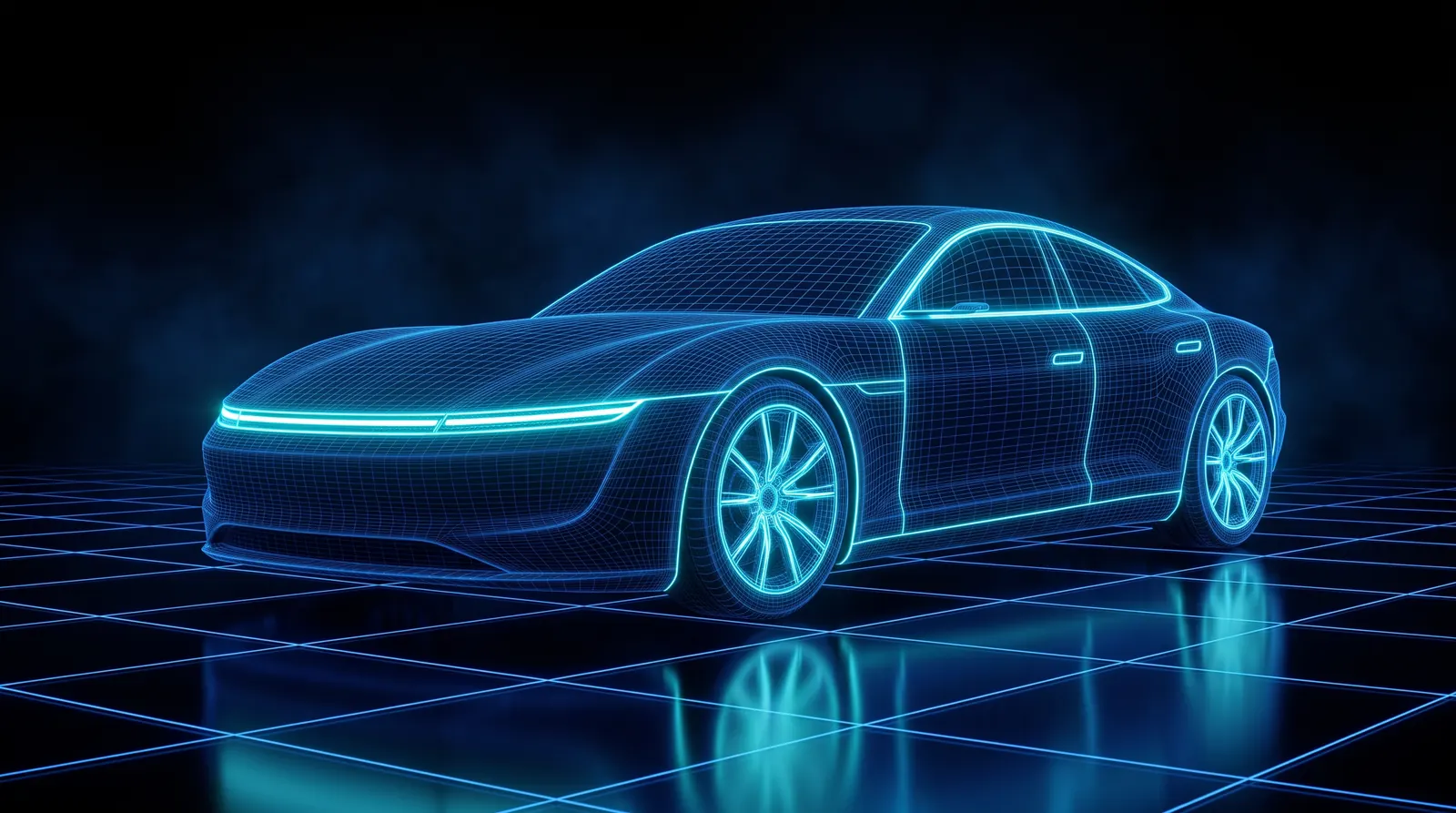 Carro conceito elétrico desenhado em linhas de luz azuis sobre um chão em grade