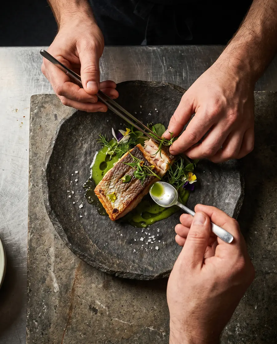 Chef finalizando um prato de peixe com ervas