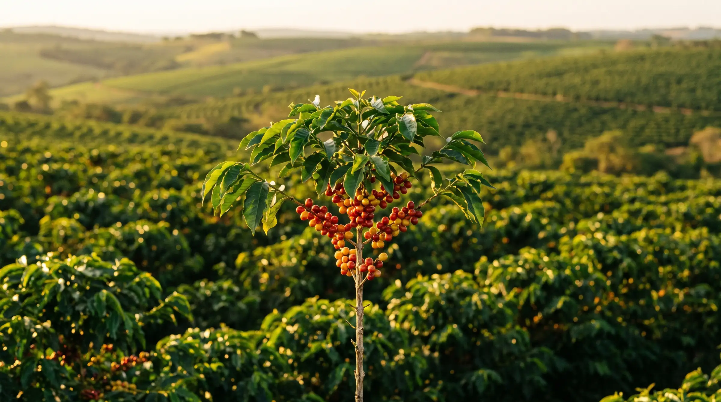 Cafezal em morros com um galho de frutos maduros no centro